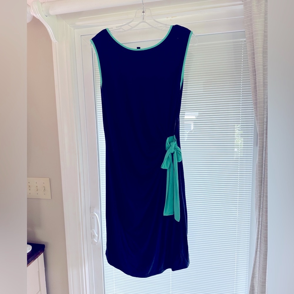 Navy dress, tie front w ruching